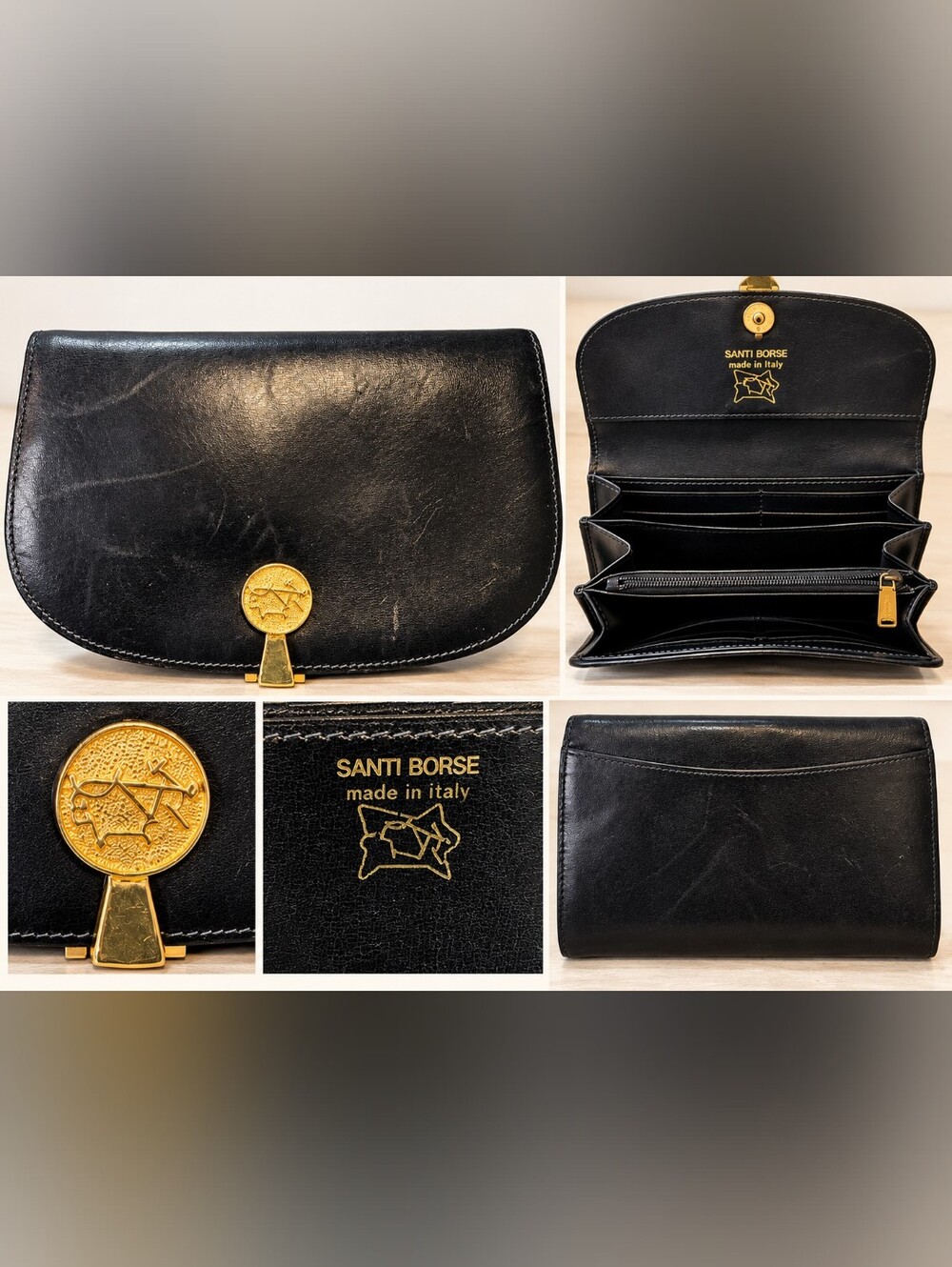 Santi Borse Black Leather Clutch Wallet with Gold Accent